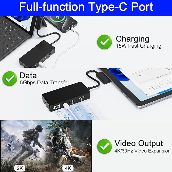 Surface Docking Station 12-in-1 Triple Display 4K@60Hz Dock with HDMI DP USB-C 4-Screen Support 4 USB Ports SD/TF Audio for Surface Pro 11/10/9/8/7 Surface Laptop Book Go