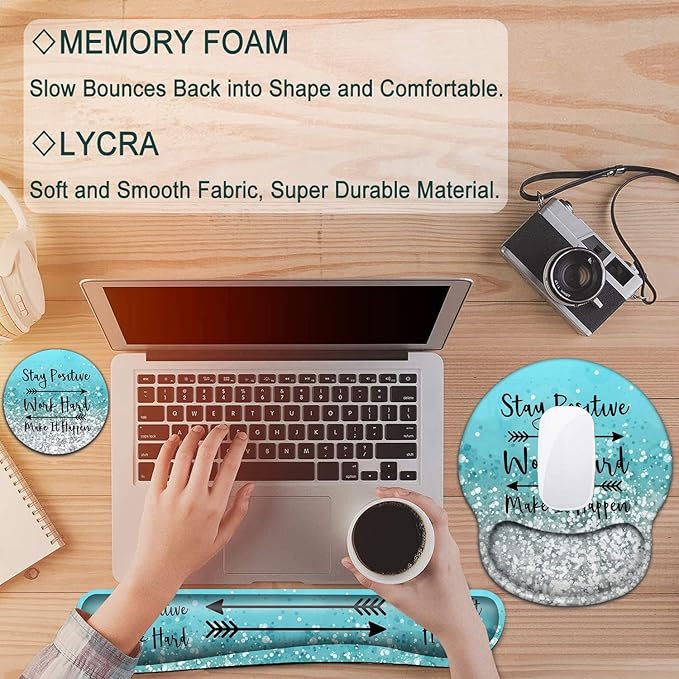 Keyboard Wrist Rest and Mouse Pad with Wrist Support Ergonomic Mouse Pad CoasterEasy Typing Pain ReliefKeyboard Mousepad SetStay Positive Work Hard and Make It Happen Blue Glitter