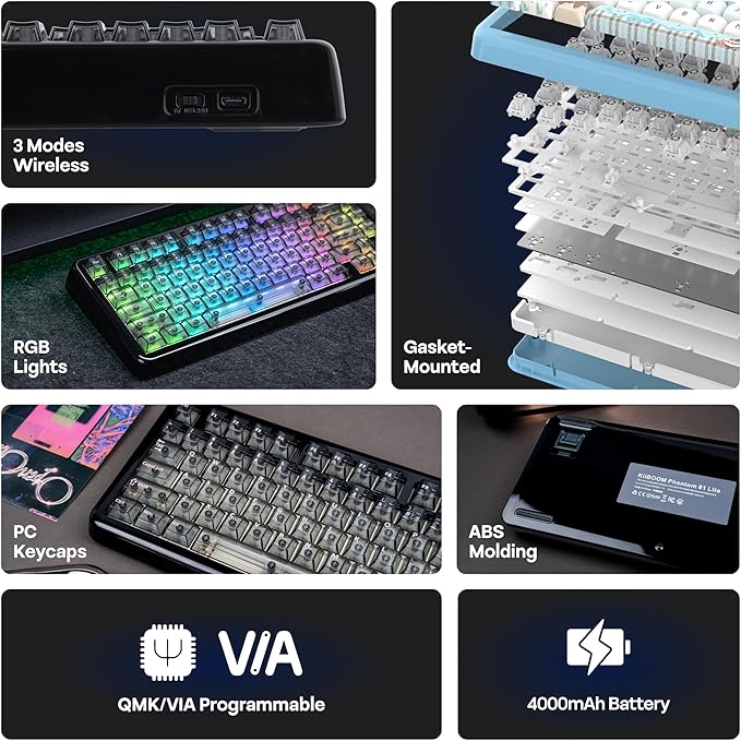 KiiBoom Phantom81 Lite 75% Gasket Mechanical Keyboard QMK&ampVIA Programmable 3 Modes Wireless Gaming Keyboard RGB Backlights ABS Case + UV Tech Hot-Swappable for Windows/Mac/Linux (Black)