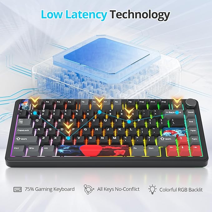 Fogruaden M75 Wireless Creamy 75% Mechanical Gaming Keyboard Hot Swappable Custom RGB Backlit Gasket Pre-lubed Linear White Switches Bluetooth/2.4GHz/USB-C Five-Layer Pad&ampKnob