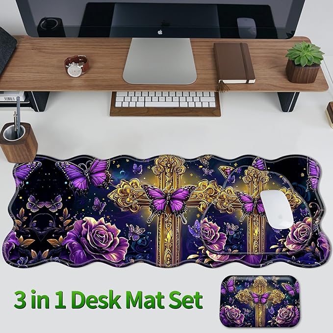 3-Piece Ergonomic Desk Mat &amp Cloud Wrist Rest Set Large 31.5 x 11.8 Wave Office Desk Pad with Memory Foam Support Non-Slip Computer Protector for Home Gaming Purple Butterfly Cross
