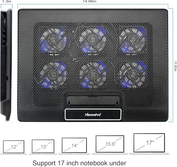 Portable Metal Mesh Laptop Cooler Cooling Pad 6 Quiet Fans w/Blue LED Light 6 Adjustable Levels Up to 17 Inch Notebook 2 USB Interface w/Speed Control Switch Non-Slip - Black (11149)