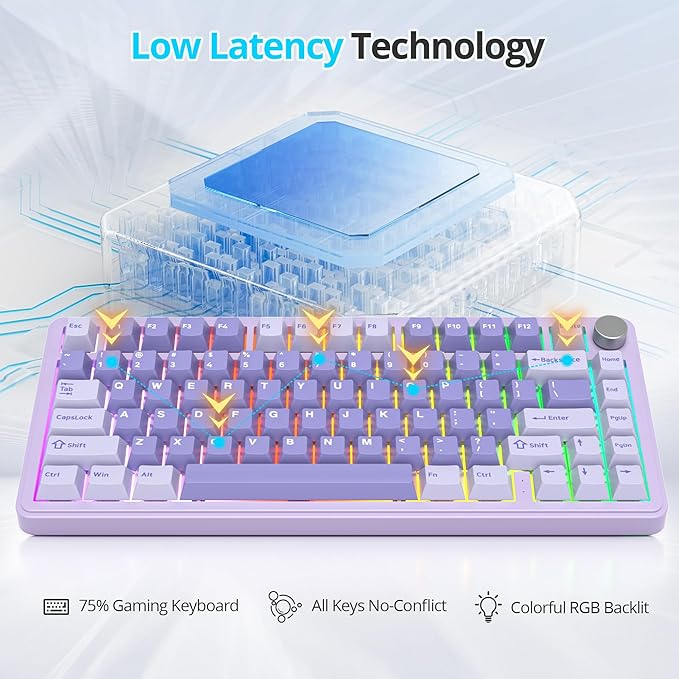 Fogruaden M75 Wireless Creamy 75% Mechanical Gaming Keyboard RGB Hot Swappable Custom Purple Gasket Pre-lubed Linear White Switches Bluetooth/2.4GHz/USB-C Five-Layer Pad&ampKnob