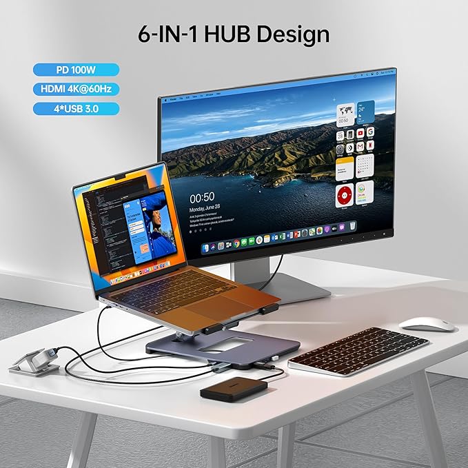 BENFEI Laptop Stand with USB C 6in1 Docking Station HDMI 4K@60Hz 4*USB3.0 100W PD Compatible with MacBook Pro/Air iPad Pro XPS Thinkpad