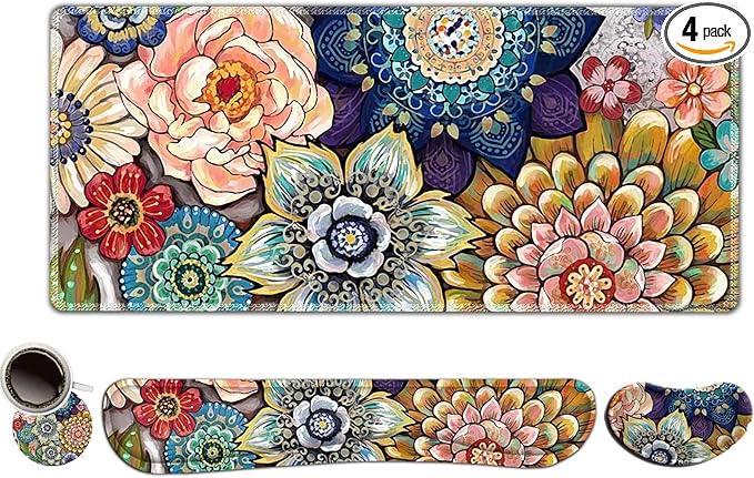 ToLuLu Extended Gaming Mouse Pad Memory Foam Ergonomic Keyboard Mouse Wrist Rest Support Set Large Desk Mat with Stitched Edges Non-Slip Base Mousepad for Home Office Game Colorful Flower