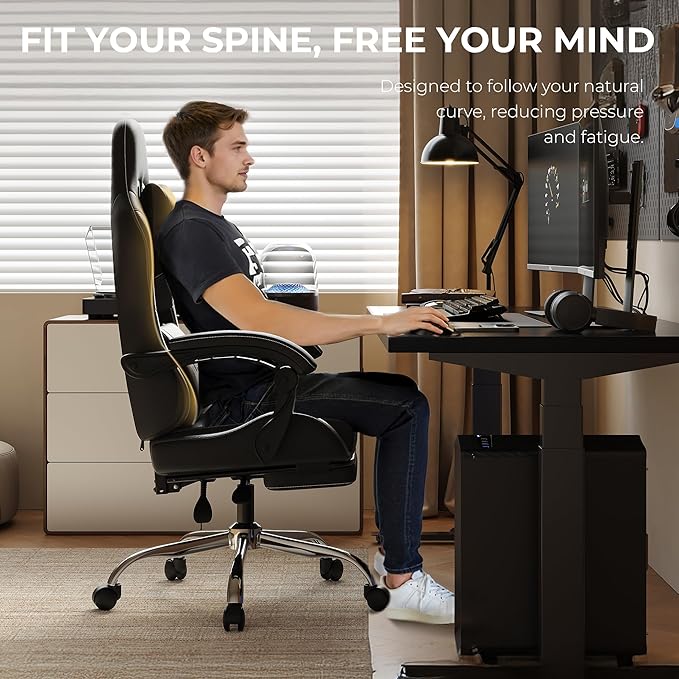 Gaming Chair with Footrest &amp Massage Lumbar Ergonomic Computer Chair 330lbs with Headrest Pillow for Office Home Streaming and Long Gaming SessionsDark Black