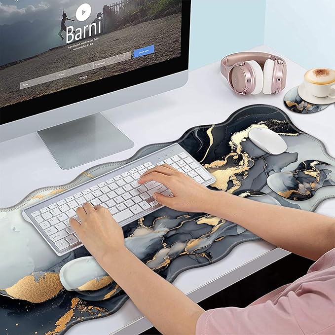 Bxgolkgd Desk Mat SetMouse Pad with Keyboard Wrist Rest &amp Mouse Wrist RestWave-Shaped DesignNon-Slip Rubber BaseErgonomic Desk Mat for HomeOfficeGamingMarble