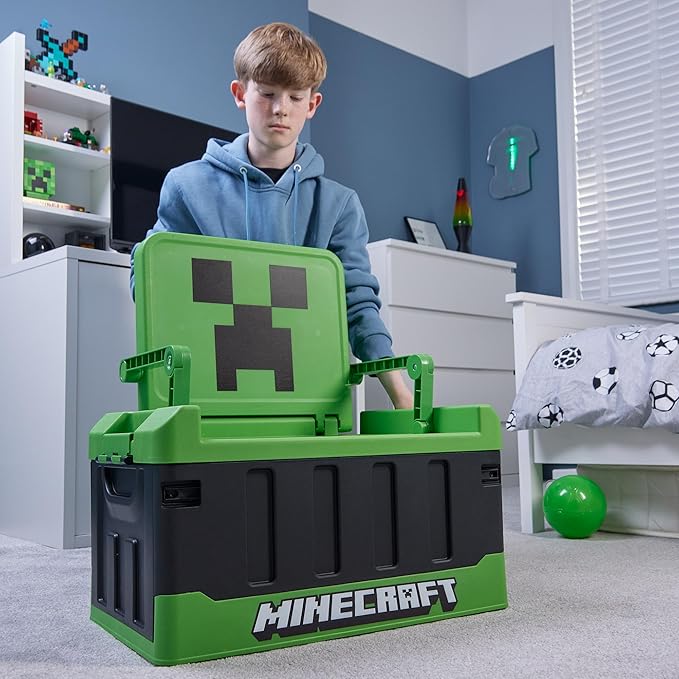Numskull Minecraft 2-in-1 Toy Storage Box &amp Folding Chair - Gaming Accessory Organizer with lid and handles for Family Rooms Official Minecraft Merchandise