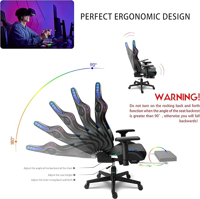 TBQATNTS RGB LED Gaming Chair with Seven-Point Massage FunctionComputer Chair with SpeakersErgonomic Chair with Footrest and Lumbar Support90°-180° Tilt Office ChairRed