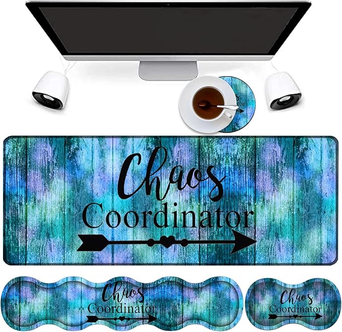 4 in 1 Mouse Pad Combo Large Gaming Mouse Pad + Keyboard Wrist Support + Mouse Wrist Rest + Coaster Table Pad with Stitched Edge Memory Foam Ergonomic Wrist Pad Set Chaos Coordinator