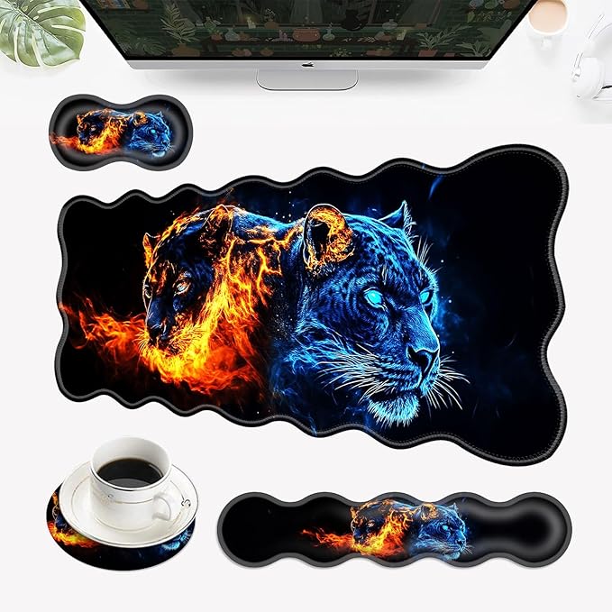 Desk Mat Mouse Pad with Wrist Rest 4-in-1 Large Mouse Pads for Desk Ergonomic Mouse Pad and Keyboard Wrist Rest Gaming Keyboard Mat for OfficeFire Tiger