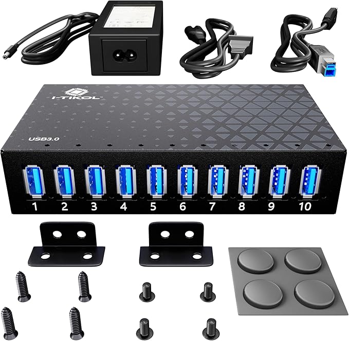 10 Ports USB Hub 3.0 Powered Aluminium - USB Hub Charger - Multiple Port - USB Splitter Hub with Power Adapter 12V/5A/60W - for Laptop PCFlash Drives HDDHard DriveMouseXPSXboxKeyboard