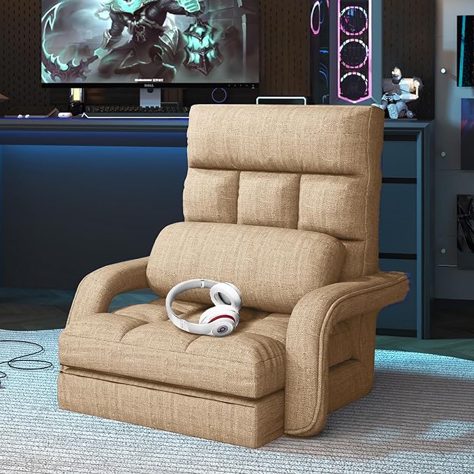 Floor Gaming Chair for Adults 6-Position Adjustable Chaise Lounge Chair with Meditation Arm Foldable Lazy Sofa with Pillow Comfy Chair Indoor for Bedroom Dorm Living Room Beige