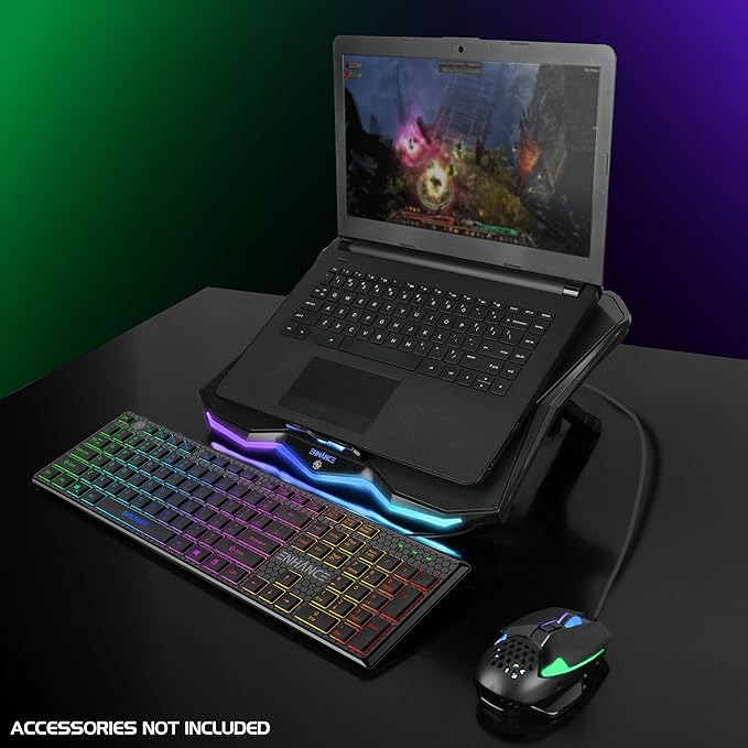 ENHANCE Infiltrate 3 Laptop Cooling Pad with RGB LED Lights - Gaming Cooler Stand with 8 Quiet Fans 7-Angle Adjustable Dual USB Hub Metal Cooling Plate for 13-17.3 Gaming Notebooks