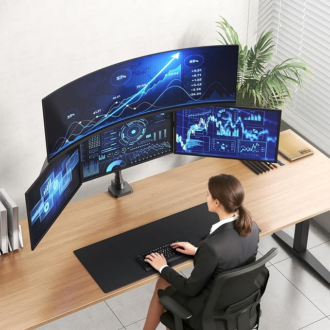 PUTORSEN Quad Monitor Mount for up to 49’’ Ultrawide on Top Bracket and 27’’ Screens on Lower Brackets Holds up to 44lbs Quad Monitor Stand with Gas Spring C-Clamp &amp Grommet Base