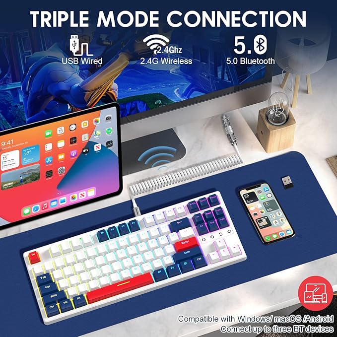 Wireless Gaming Keyboard and Custom Coiled USB C CableTriple Mode 2.4GHz/BT 5.0/USB-CTKL Hot Swappable Mechanical Keyboard Yellow SwitchesRechargeable 3000mAh for PC PS5 PS4 Xbox-2 in 1 Kit