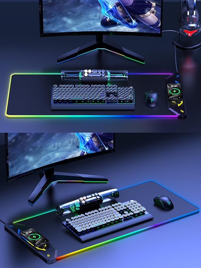TopMade Wireless Charging Mouse Pad RGB Gaming Mousepad 35.4 x 15.8 Extra Large Waterproof Keyboard Desk Pad Cool Computer Desk Mat Black (Includes 20W PD Power Adapter &amp 6.56ft Woven Cable)