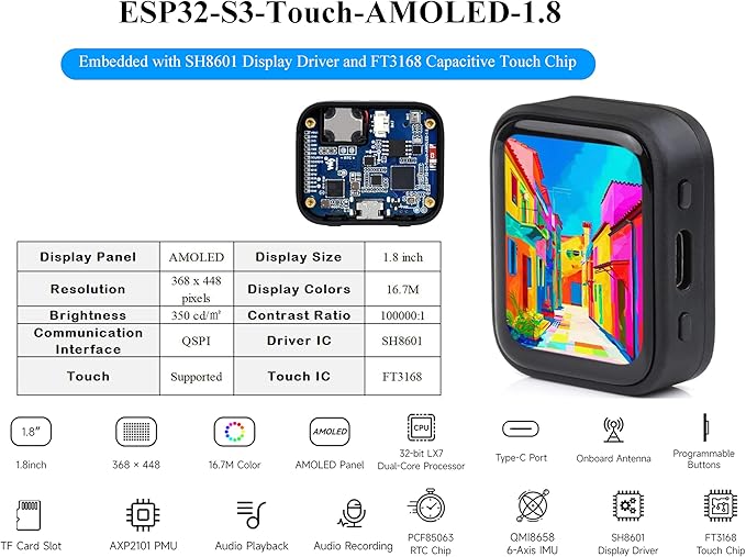 ESP32-S3 1.8inch AMOLED Touch Display Development Board 32-bit LX7 Dual-Core Processor 368×448 Pixels Onboard Audio Codec Support Offline Speech Recognition and AI Speech Interaction