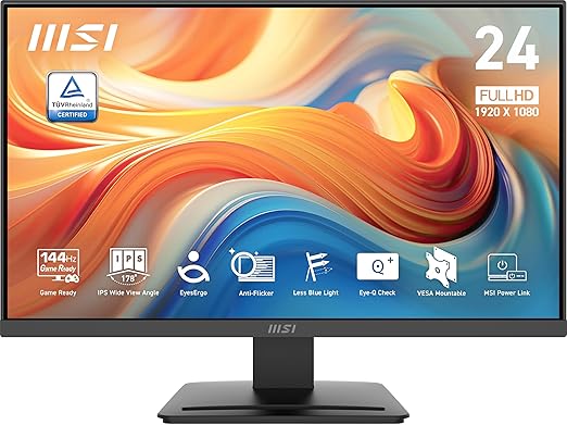 msi PRO MP243L E14 24-inch IPS 1920 x 1080 (FHD) Gaming Office Monitor 144Hz Adaptive-Synch HDR Ready HDMI VGA PortVESA Mountable Tilt 4-Side Slim Bezel1ms Black