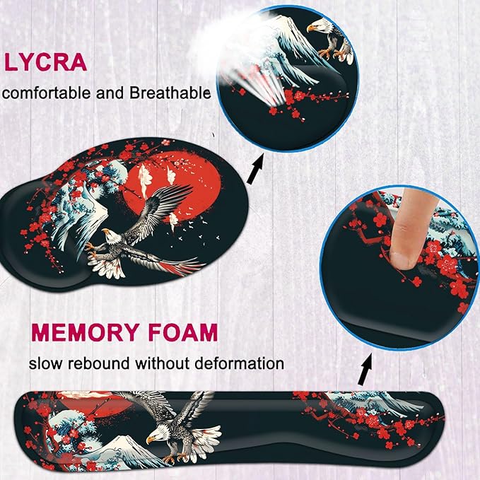 Keyboard Wrist Rest and Mouse Wrist Rest Pad with Coffee Coaster Non Slip PU Base Wrist Support with Ergonomic Raised Memory Foam for Easy Typing &amp Pain ReliefOcean Wave Cherry Blossom Eagle