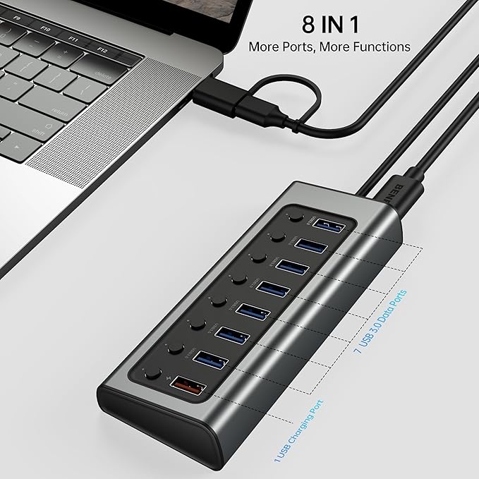 BENFEI 7-Port USB 3.0 Data Hub with BC 1.2 Charging Port 45W GaN Super Fast Charger Dual Type C