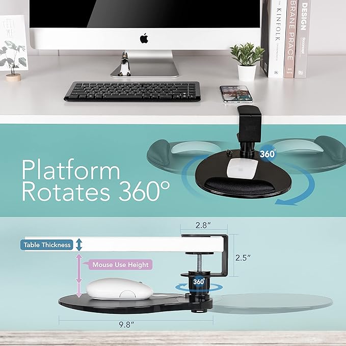 EHO Clamp on Mouse Platform Clip on Pad Rotating 360 Degree w/Comfortable Gel Wrist Rest Ergonomic Attachment Slide Out Tray Suitable for 1.5 Thickness Desk for Home Office Desk Organizer