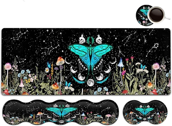 Large Mouse Pad Ergonomic Mouse Wrist Support + Keyboard Wrist Rest Set+ Extended Gaming Mouse Pad Moth Moon Phase Witchy Office Desk Mat Black Writing Mat Laptop Protector Accessories Desk Pad