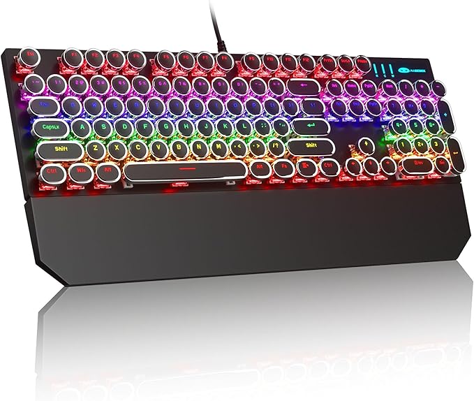 MageGee Typewriter Mechanical Gaming Keyboard Retro Black Punk Round Keycaps RGB Rainbow Backlit Wired Keyboards for Laptop MAC PC Gamer with Magnetic Wrist Rest - Blue Switch