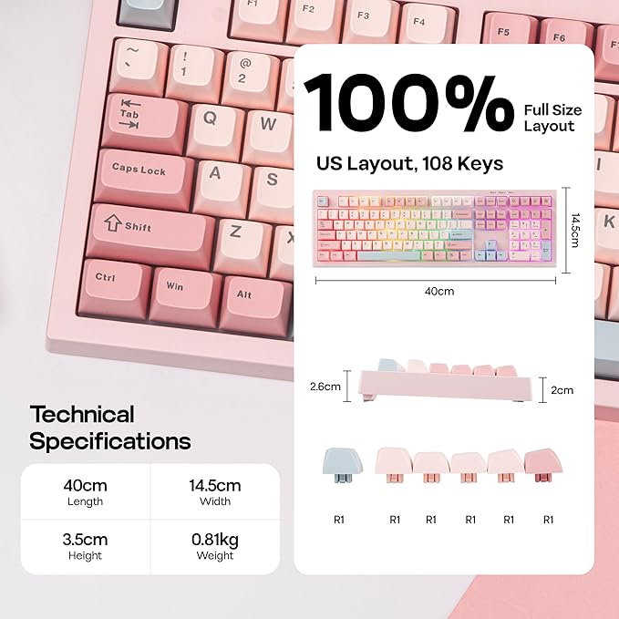 MechLands Aula S102 Membrane Gaming Keyboard with Number Pad 100% Full Size Layout USB-C Wired RGB Backlit Creamy Silicone Structure Silent Keyboard for PC Game/Office (Pink)