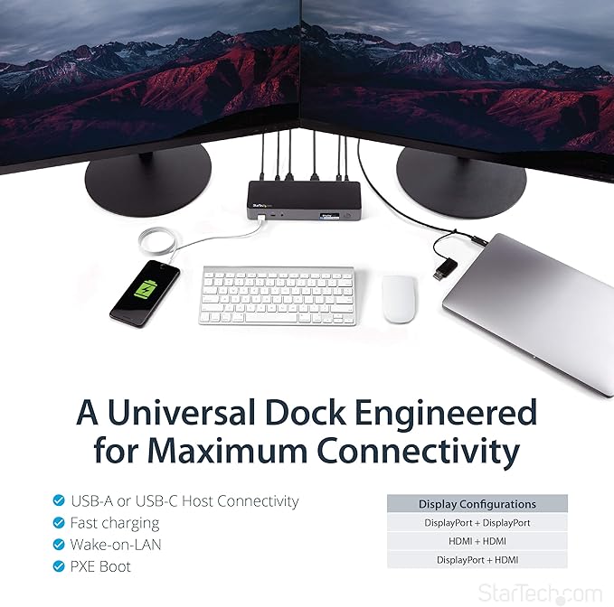 StarTech.com USB-C / USB-A Hybrid Docking Station for MacBook Pro / Air M1 M2 M3 M4 &amp Windows Universal Dual 4K 60Hz HDMI DP Dock Thunderbolt Compatible 60W Laptop Charging