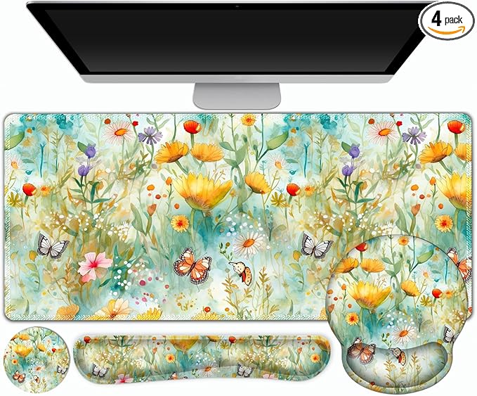 Gaming Mouse Pad Large Desk Mat Cute Desk Pad Protector 4in1 XXL Mousepad + Keyboard Wrist Rest+Mouse Wrist Rest+Coaster Set with Ergonomic Desk Pad for Home Office PC Computer Yellow Flowers
