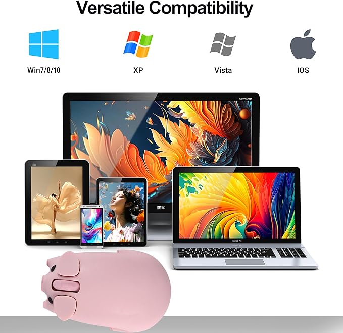 Wireless Mouse Pink Cute Pig Design Bluetooth Dual Mode Portable Compact Lightweight Silent Optical Kawaii Mice for PC Laptop Computer Tablet Macbook Pro/Air Kids Girls Student Home School Office Gift