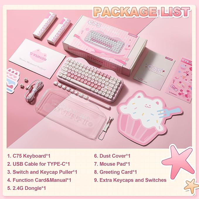 YUNZII C75 Wireless Mechanical Keyboard75% Layout Hot-Swappable NKROBT5.0/2.4G/USB-C ModeDye-Sub PBT MOA KeycapsRGB Gasket MountCute Cake Design for Mac/Win/Gaming (Pink Milk V2 Switch)