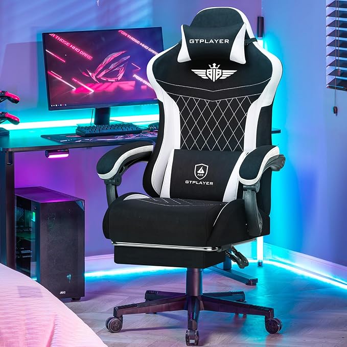 GTPLAYER Gaming Chair Video Game Chairs with Footrest and Lumbar Support Computer Chair for Adults with Extended Backrest Ergonomic Reclining Silla Gamer Fabric Black