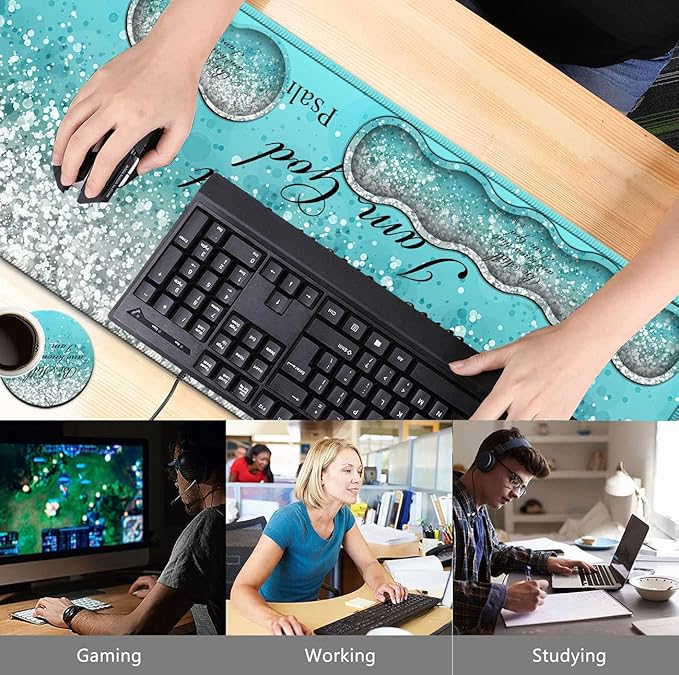 Keyboard Mouse Pad SetExtended Gaming Mouse Pad + Memory Foam Keyboard Wrist Rest Support Psalm 46-10 Blue Glitter Office Desk Mat Writing Pad Easy Typing Pain ReliefXXL Large Mousepad Desk Mat