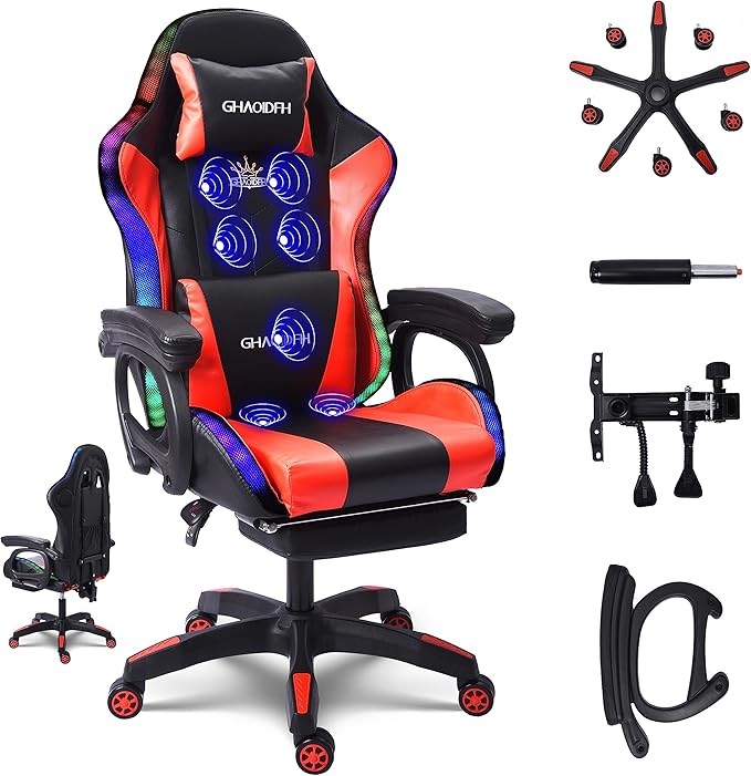 TBQATNTS Gaming Chair with LED Lights and Speakers Ergonomic Gaming Chair with Massage and FootrestComfortable Computer Reclining with Headrest and Lumbar SupportVideo Game Chair for Adults Kids.R
