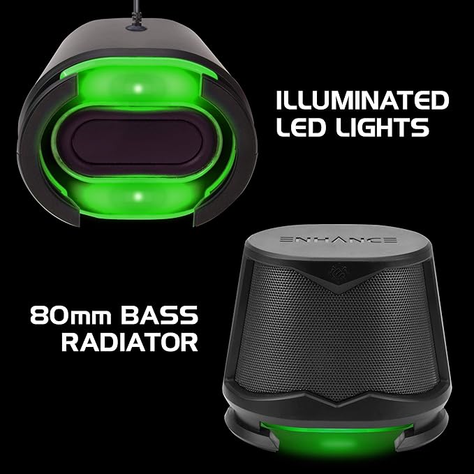 ENHANCE SB2 USB Computer Speakers 2.0 Stereo with Green LED Lighting 10W Peak High Excursion Drivers 3.5 mm Aux in Line Volume and Light Switch PC Laptop Desktop