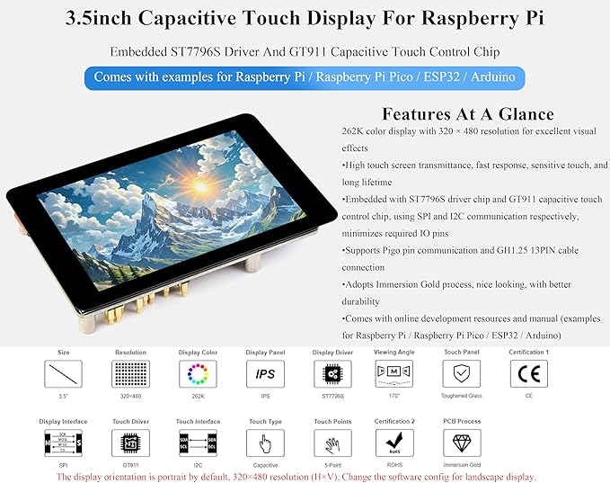 3.5inch Capacitive Touch Display Compatible with Pi 5/4B/3B+/3B/Pico W/Pico 2W/ ESP32  IPS LCD Screen 320×480 Resolution 262K Color Pigo Pin Header and GH1.25 13PIN Cable Two Connection Ways