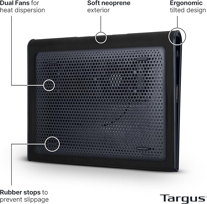 Targus 17 Inch Dual Fan Lap Chill Mat - Soft Neoprene Laptop Cooling Pad for Heat Protection Fits Most 17 Laptops and Smaller - USB-A Connected Dual Fans for Heat Dispersion (AWE55US)