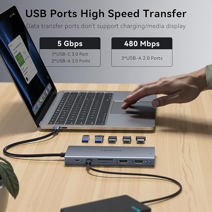 USB C Laptop Docking Station Dual Monitor ABIWAZY 15 in 1 USB C Hub Triple Display with 8K DisplayPort 2 HDMI 4K 6 USB A/C Ports 100W PD Ethernet Audio SD/MicroSD for Dell/HP/Lenovo