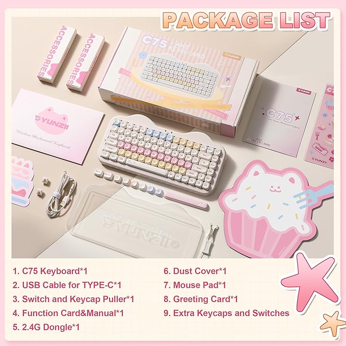 YUNZII C75 Wireless Mechanical Keyboard75% Layout Hot-Swappable NKROBT5.0/2.4G/USB-C ModeDye-Sub PBT MOA KeycapsRGB Gasket MountCute Cake Design for Mac/Win/Gaming (Beige Milk V2 Switch)