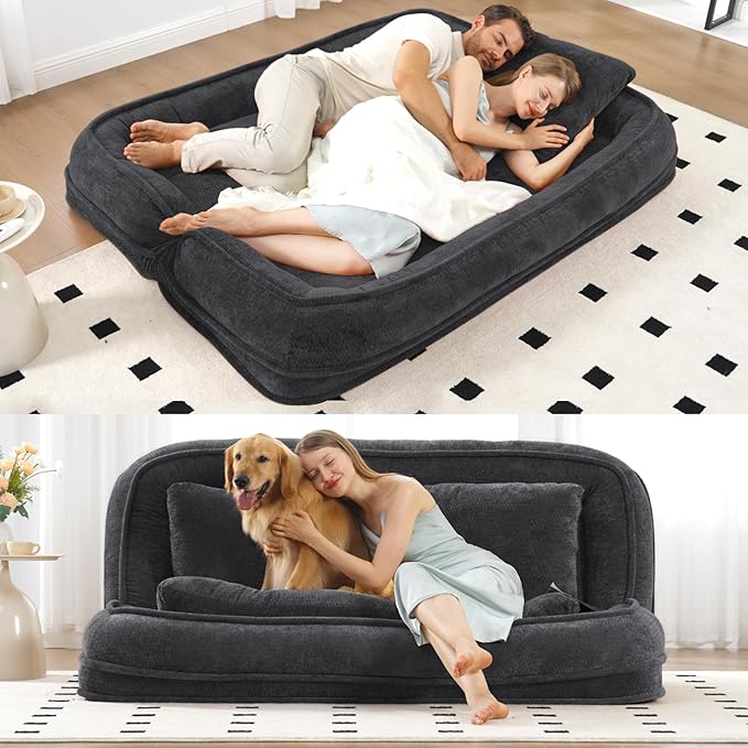 Floor Chair with Back Support Human Dog Bed Folding Loveseat with 5 Adjustable Position 2 Back Cushions Chenille Meditation Gaming Chair for Lazy Boys Living Room Lounge Bedroom Black