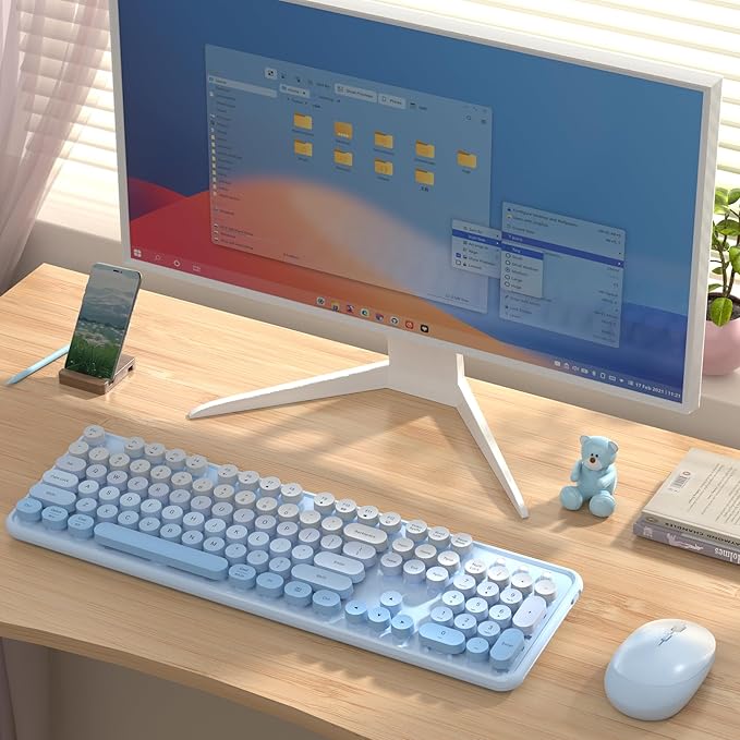 Colorful Wireless Keyboard and Mouse Combo COVEVA 2.4GHz Wireless Retro Cute Round Keycaps Keyboard 104 Keys Full-Sized Keyboard Mouse Set with Switch Button for PC Laptop Desktop (Blue Gradient)