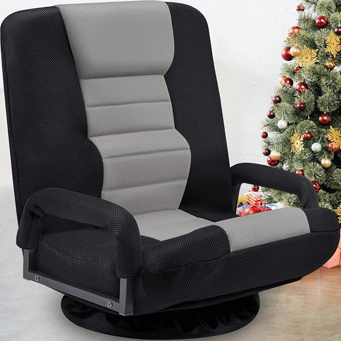 Swivel Gaming Chair Multipurpose Floor Gaming Chair for Playing Video Games TV Reading w/Armrest Lumbar Support &amp 6 Adjustable Postion Backrest for AdultsGrey