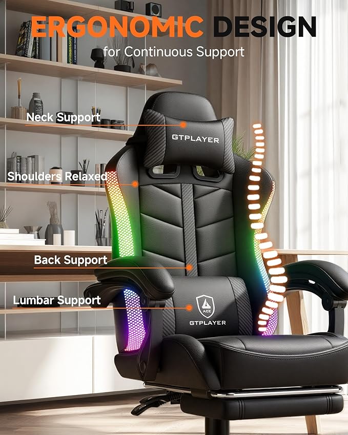 GTPLAYER Gaming Chair Ergonomic Computer Office Chairs for Adults with Footrest Height Adjustable Linkage Armrests 90-155° Recline &amp Headrest Lumbar Support RGB Black