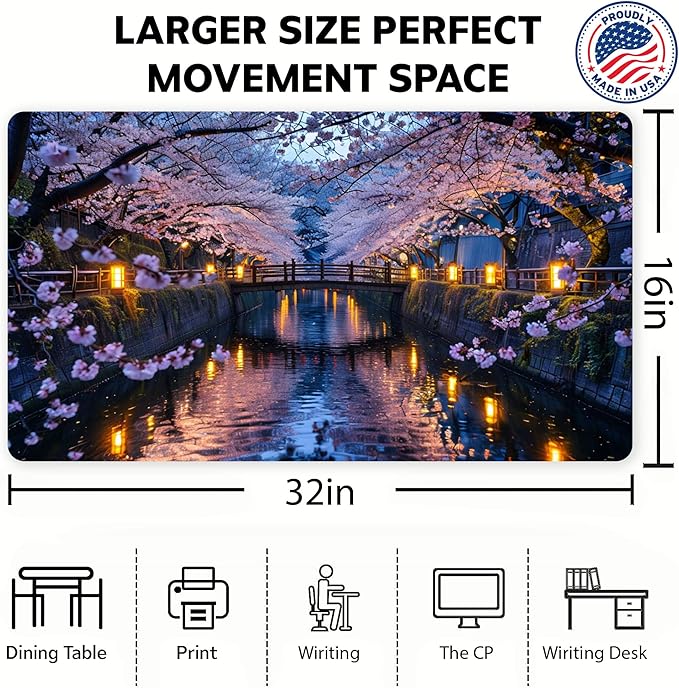 Serene Cherry Blossom Bridge Desk Mat Tranquil Nightscape Large Gaming Mouse Pad Non-Slip Waterproof Office Desk Mat for Workstation Japanese Garden-Inspired Desktop Decor 31 x 15in