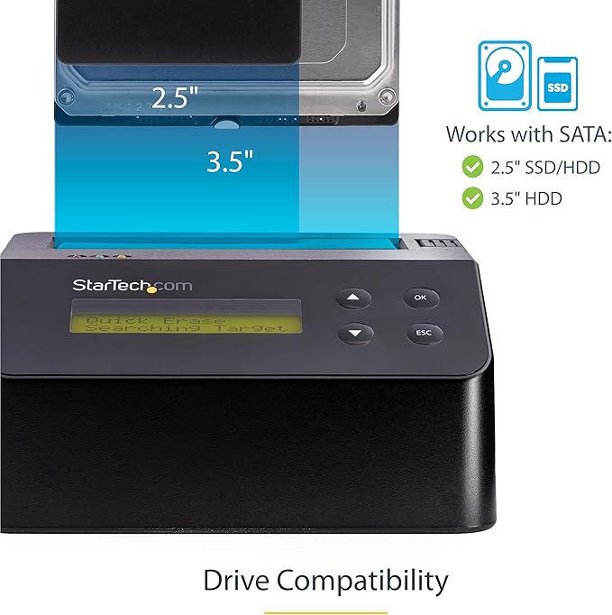 StarTech.com Single Bay SSD/HDD Hard Drive Eraser 2.5/3.5 SATA Hostless Standalone Secure Erase Disk Sanitizer Hardware Wiper Erasing Tool 9 Modes Printer Port NIST/DOD LCD TAA (SDOCK1EU3P)