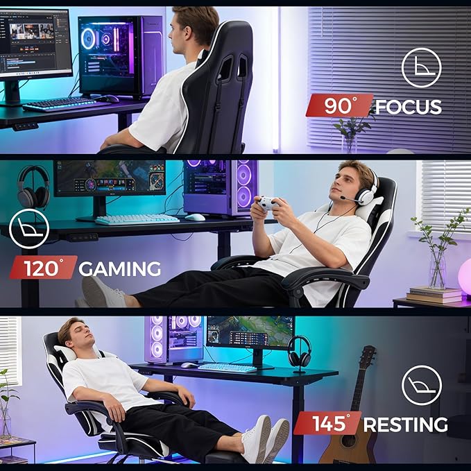 Gaming ChairComputer Office Chair with FootrestMassage Lumbar Support and Gel PadErgonomic Reclining Adjustable Leather Gamer Chair with Headrest and Spring Cushion Black White