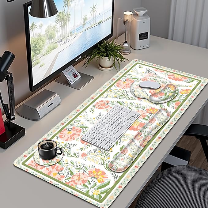 Desk Mat 4in1 Large Mouse Pad with Wrist Rest Cute Desk Matt for Desktop Deskpad Mat Anti-Slip XXL Computer Ergonomic Mousepad with Wrist Support for Keyboard and Mouse I Elegant Daisy Florals