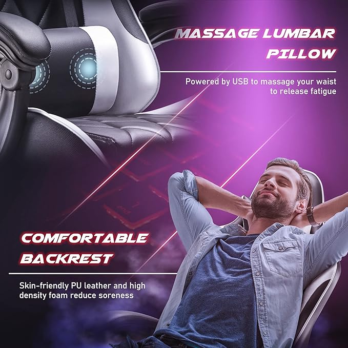 Homall Gaming Chair Computer Chair with Footrest and Massage Lumbar Support Ergonomic High Back Video Game Chair with Swivel Seat and Headrest (White)